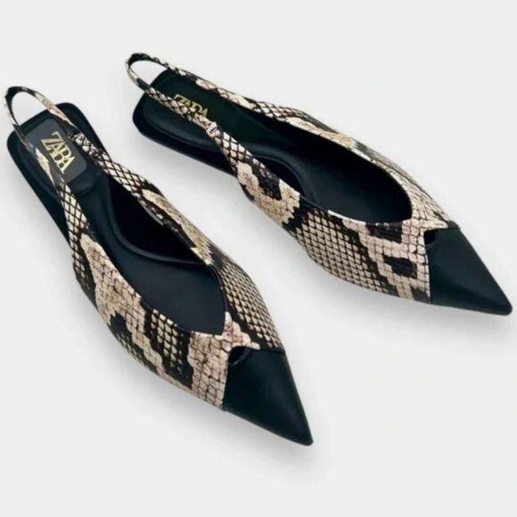 Zara Animal Snakeskin Print Pointed Toe Slingback Flats (NWOT) - Picture 2 of 9
